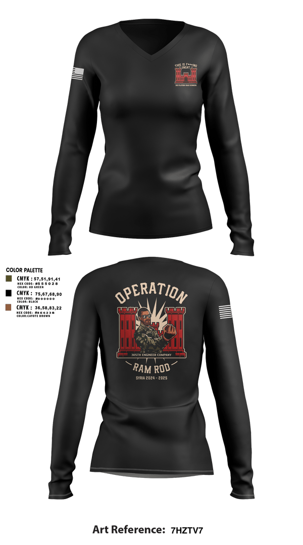 Women's Long Sleeve Vneck Shirt, 305th En Co, Army, Teamtime, Team time, sublimation, custom sports apparel, team uniforms, spirit wear, spiritwear, sports uniforms, custom shirts, team store, custom team store, fundraiser sports, apparel fundraiser