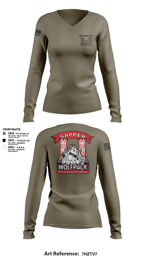 Womens Long Sleeve Vneck Shirt 1, 95TH EN, Army, Teamtime, Team time, sublimation, custom sports apparel, team uniforms, spirit wear, spiritwear, sports uniforms, custom shirts, team store, custom team store, fundraiser sports, apparel fundraiser