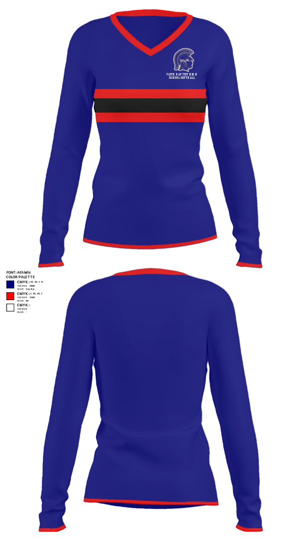 Women's Long Sleeve Vneck Shirt, Faith Baptist High School Softball, Softball, Teamtime, Team time, sublimation, custom sports apparel, team uniforms, spirit wear, spiritwear, sports uniforms, custom shirts, team store, custom team store, fundraiser sports, apparel fundraiser