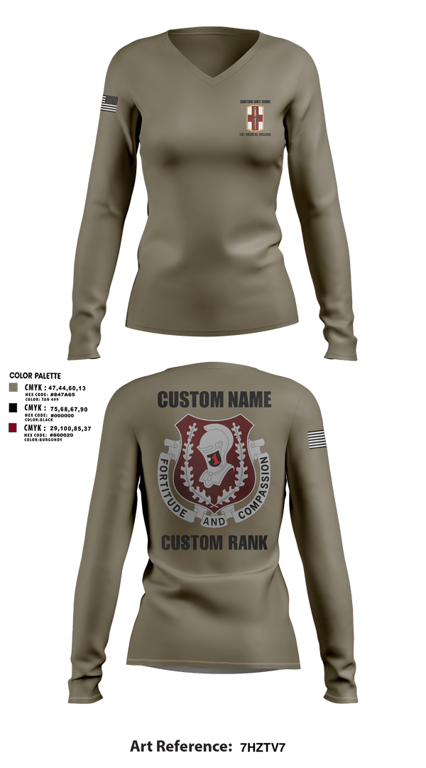 Womens Long Sleeve Vneck Shirt, 1st Medical Brigade, , Teamtime, Team time, sublimation, custom sports apparel, team uniforms, spirit wear, spiritwear, sports uniforms, custom shirts, team store, custom team store, fundraiser sports, apparel fundraiser