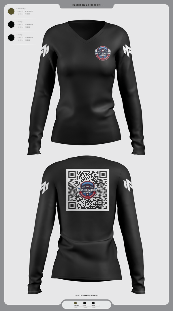 Womens Long Sleeve Vneck Shirt 1, Muscle Maker Academy, Space Force, Teamtime, Team time, sublimation, custom sports apparel, team uniforms, spirit wear, spiritwear, sports uniforms, custom shirts, team store, custom team store, fundraiser sports, apparel fundraiser