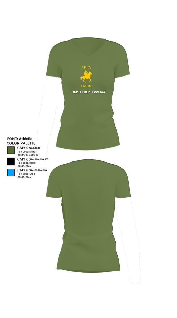 Women's Short Sleeve Vneck Shirt, Alpha Troop, 1-221 CAV, National Guard, Teamtime, Team time, sublimation, custom sports apparel, team uniforms, spirit wear, spiritwear, sports uniforms, custom shirts, team store, custom team store, fundraiser sports, apparel fundraiser