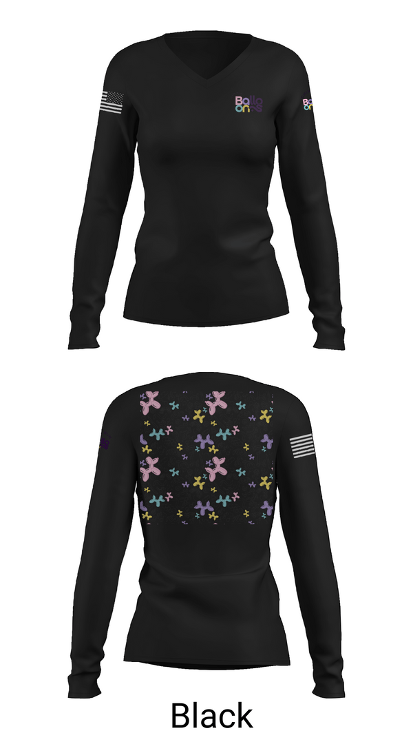 Womens Long Sleeve Vneck Shirt, Chin Bum Balloons, , Teamtime, Team time, sublimation, custom sports apparel, team uniforms, spirit wear, spiritwear, sports uniforms, custom shirts, team store, custom team store, fundraiser sports, apparel fundraiser