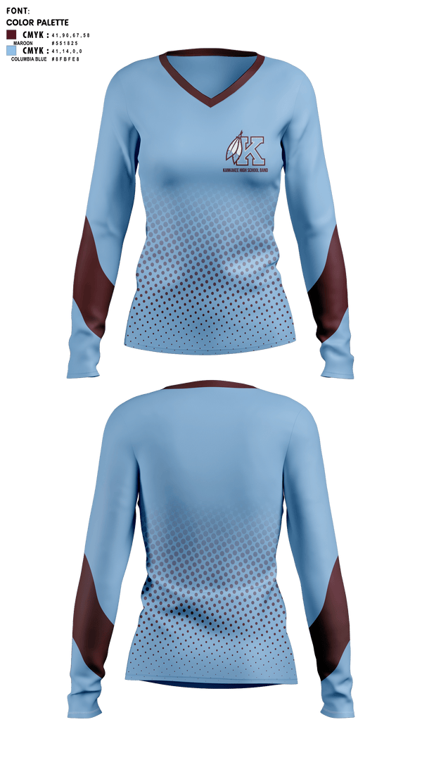Womens Long Sleeve Vneck Shirt, Kankakee High School Band, Spirit Store, Teamtime, Team time, sublimation, custom sports apparel, team uniforms, spirit wear, spiritwear, sports uniforms, custom shirts, team store, custom team store, fundraiser sports, apparel fundraiser
