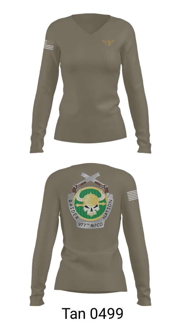 Womens Long Sleeve Vneck Shirt, 977 MP CO, Army, Teamtime, Team time, sublimation, custom sports apparel, team uniforms, spirit wear, spiritwear, sports uniforms, custom shirts, team store, custom team store, fundraiser sports, apparel fundraiser