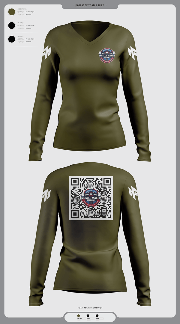 Womens Long Sleeve Vneck Shirt 1, Muscle Maker Academy, Space Force, Teamtime, Team time, sublimation, custom sports apparel, team uniforms, spirit wear, spiritwear, sports uniforms, custom shirts, team store, custom team store, fundraiser sports, apparel fundraiser