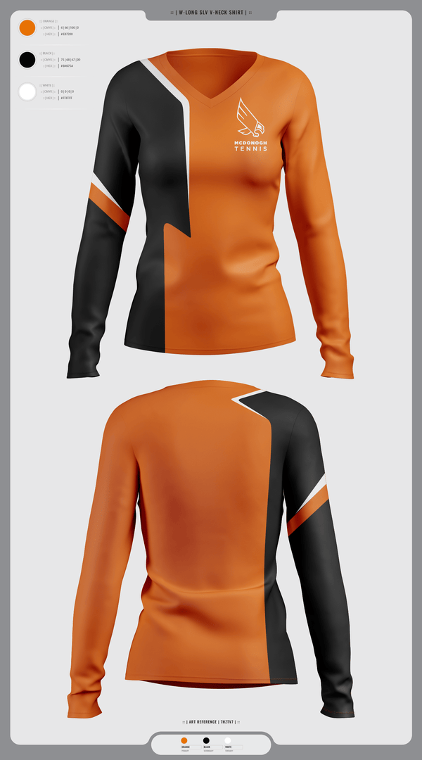 Womens Long Sleeve Vneck Shirt, Mcdonogh Girls Tennis, Tennis, Teamtime, Team time, sublimation, custom sports apparel, team uniforms, spirit wear, spiritwear, sports uniforms, custom shirts, team store, custom team store, fundraiser sports, apparel fundraiser