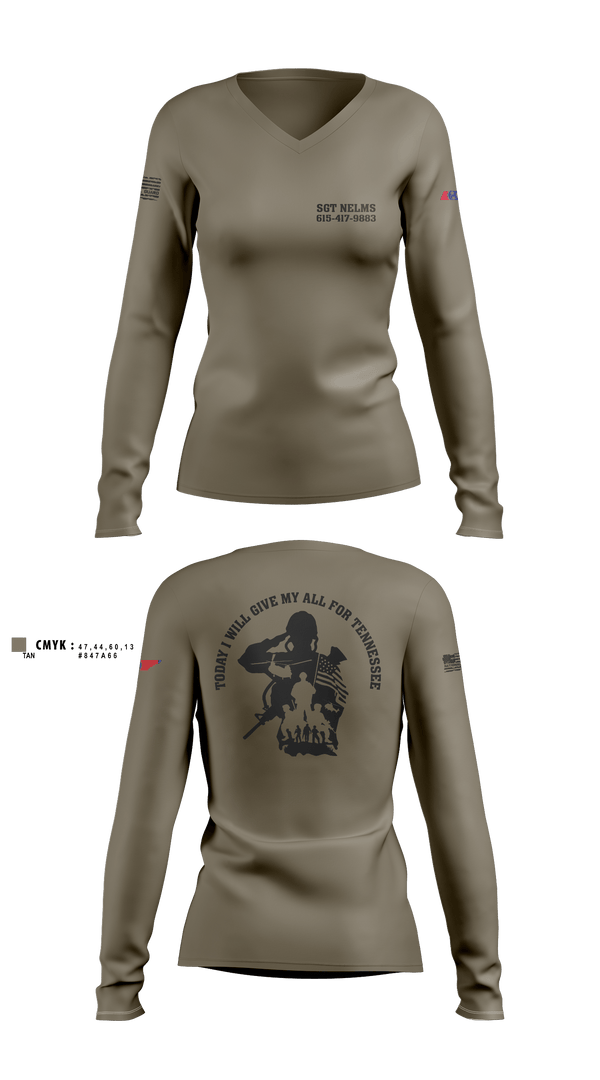 Womens Long Sleeve Vneck Shirt, SGT Nelms, National Guard, Teamtime, Team time, sublimation, custom sports apparel, team uniforms, spirit wear, spiritwear, sports uniforms, custom shirts, team store, custom team store, fundraiser sports, apparel fundraiser