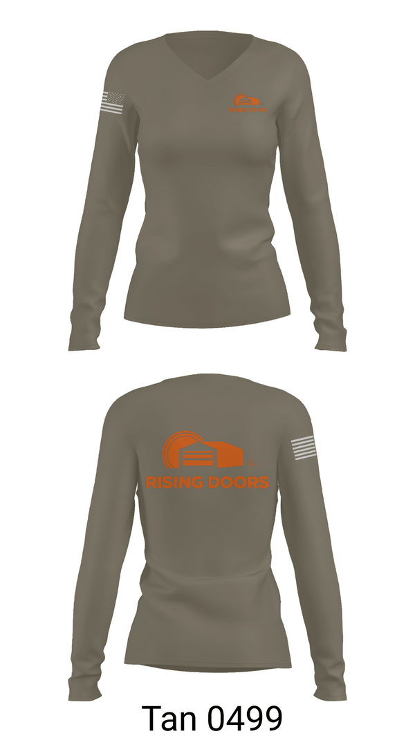 Womens Long Sleeve Vneck Shirt 1, Rising Doors, Army, Teamtime, Team time, sublimation, custom sports apparel, team uniforms, spirit wear, spiritwear, sports uniforms, custom shirts, team store, custom team store, fundraiser sports, apparel fundraiser