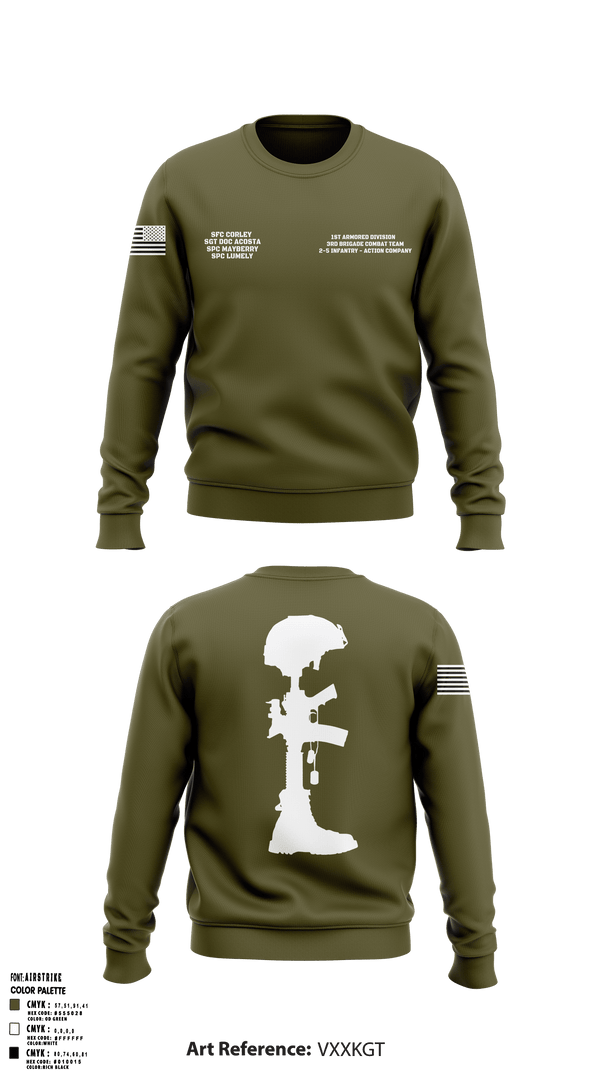 Crew Neck Sweatshirt, 1st Armored Division - 3rd Brigade Combat Team - 2-5 Infantry Action Company, Army, Teamtime, Team time, sublimation, custom sports apparel, team uniforms, spirit wear, spiritwear, sports uniforms, custom shirts, team store, custom team store, fundraiser sports, apparel fundraiser