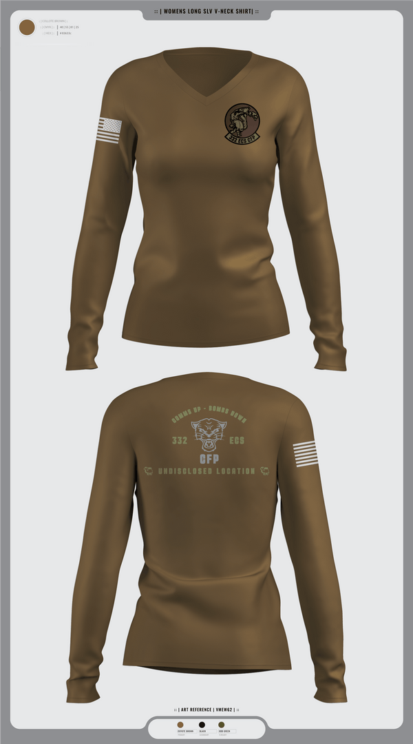 Womens Long Sleeve Vneck Shirt, 332 ECS SCOS, Air Force, Teamtime, Team time, sublimation, custom sports apparel, team uniforms, spirit wear, spiritwear, sports uniforms, custom shirts, team store, custom team store, fundraiser sports, apparel fundraiser