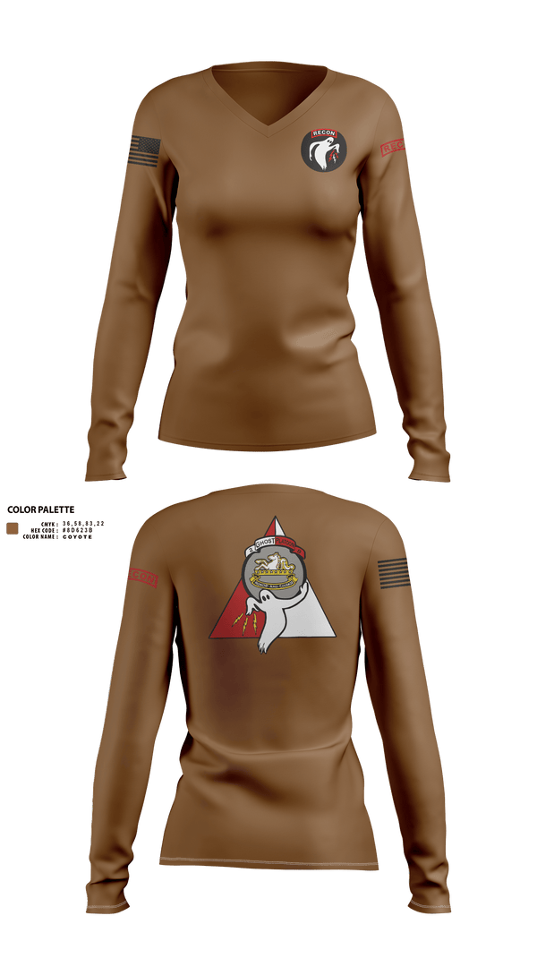 Womens Long Sleeve Vneck Shirt, Ghost Platoon, HHC, 2-8 CAV, 1ABCT, 1CD, , Teamtime, Team time, sublimation, custom sports apparel, team uniforms, spirit wear, spiritwear, sports uniforms, custom shirts, team store, custom team store, fundraiser sports, apparel fundraiser
