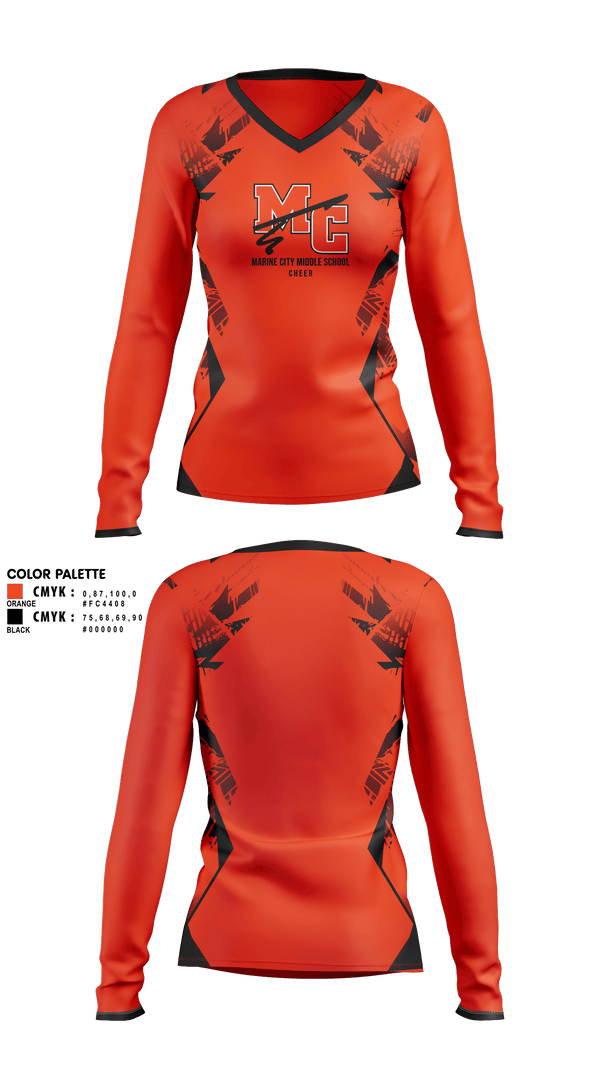 Womens Long Sleeve Vneck Shirt, Marine City Middle School Cheer, Cheer, Teamtime, Team time, sublimation, custom sports apparel, team uniforms, spirit wear, spiritwear, sports uniforms, custom shirts, team store, custom team store, fundraiser sports, apparel fundraiser