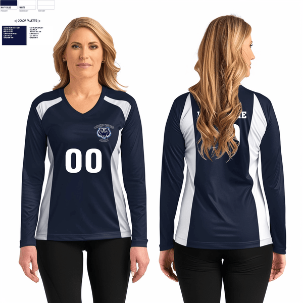 Women's Long Sleeve Vneck Shirt, Lawrence Woodmere Academy Volleyball, Women's Volleyball, Teamtime, Team time, sublimation, custom sports apparel, team uniforms, spirit wear, spiritwear, sports uniforms, custom shirts, team store, custom team store, fundraiser sports, apparel fundraiser
