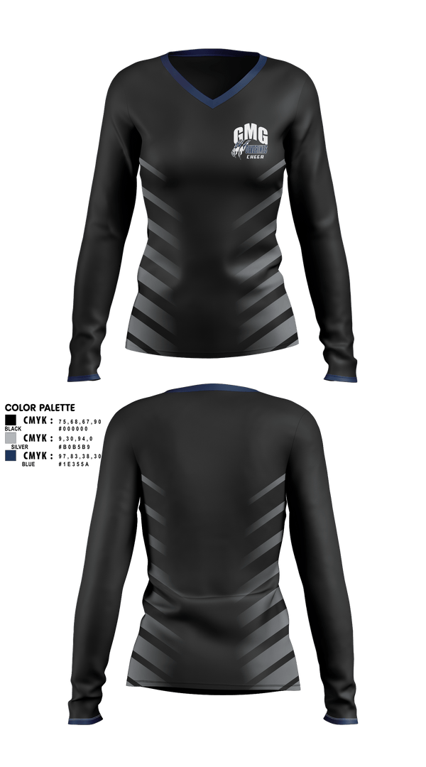 Womens Long Sleeve Vneck Shirt, GMG Senior High School Cheer, Cheer, Teamtime, Team time, sublimation, custom sports apparel, team uniforms, spirit wear, spiritwear, sports uniforms, custom shirts, team store, custom team store, fundraiser sports, apparel fundraiser