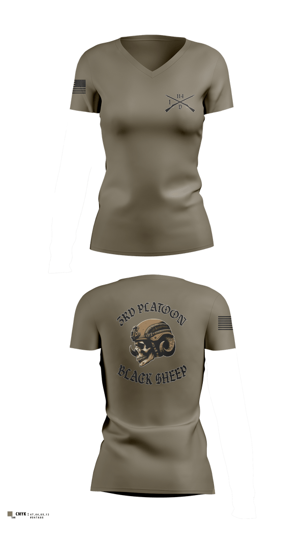 Womens Short Sleeve Vneck Shirt, 3rd PLT Black SheepDelta company 114, Army, Teamtime, Team time, sublimation, custom sports apparel, team uniforms, spirit wear, spiritwear, sports uniforms, custom shirts, team store, custom team store, fundraiser sports, apparel fundraiser