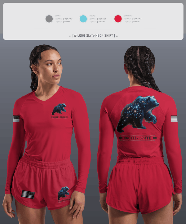 Womens Long Sleeve Vneck Shirt, 486th/574th, , Teamtime, Team time, sublimation, custom sports apparel, team uniforms, spirit wear, spiritwear, sports uniforms, custom shirts, team store, custom team store, fundraiser sports, apparel fundraiser