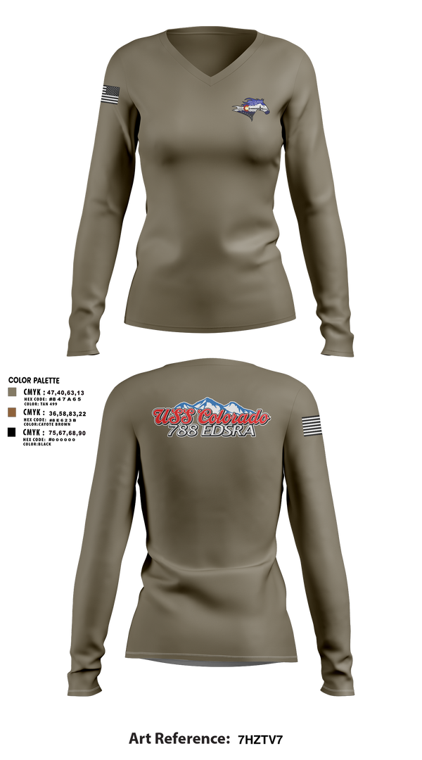 Womens Long Sleeve Vneck Shirt, USS Colorado, Navy, Teamtime, Team time, sublimation, custom sports apparel, team uniforms, spirit wear, spiritwear, sports uniforms, custom shirts, team store, custom team store, fundraiser sports, apparel fundraiser