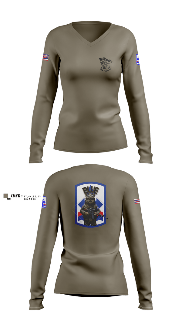 Womens Long Sleeve Vneck Shirt 1, 3RD PLT BAD BOYS3RD PLT BAD BOYS 899719921-299 DismountBlue EwokDismount sabersBlue Ewok, Army, Teamtime, Team time, sublimation, custom sports apparel, team uniforms, spirit wear, spiritwear, sports uniforms, custom shirts, team store, custom team store, fundraiser sports, apparel fundraiser