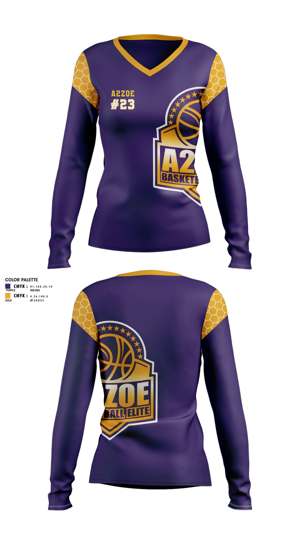 Womens Long Sleeve Vneck Shirt, A2Zoe Basketball, Men's Basketball, Teamtime, Team time, sublimation, custom sports apparel, team uniforms, spirit wear, spiritwear, sports uniforms, custom shirts, team store, custom team store, fundraiser sports, apparel fundraiser