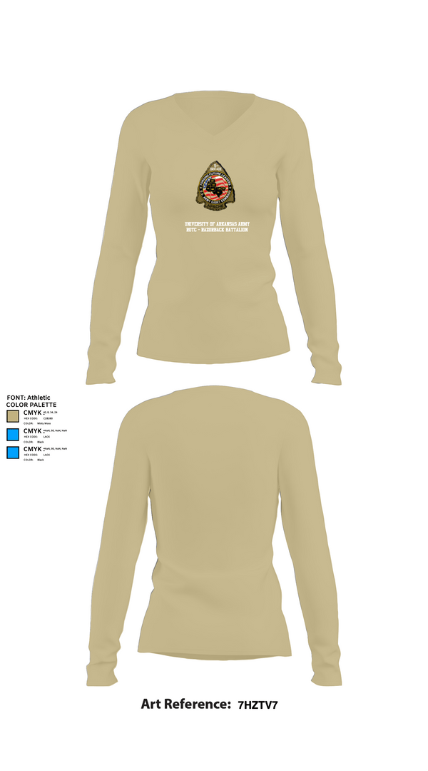 Womens Long Sleeve Vneck Shirt, University of Arkansas Army ROTC - Razorback Battalion, Army, Teamtime, Team time, sublimation, custom sports apparel, team uniforms, spirit wear, spiritwear, sports uniforms, custom shirts, team store, custom team store, fundraiser sports, apparel fundraiser