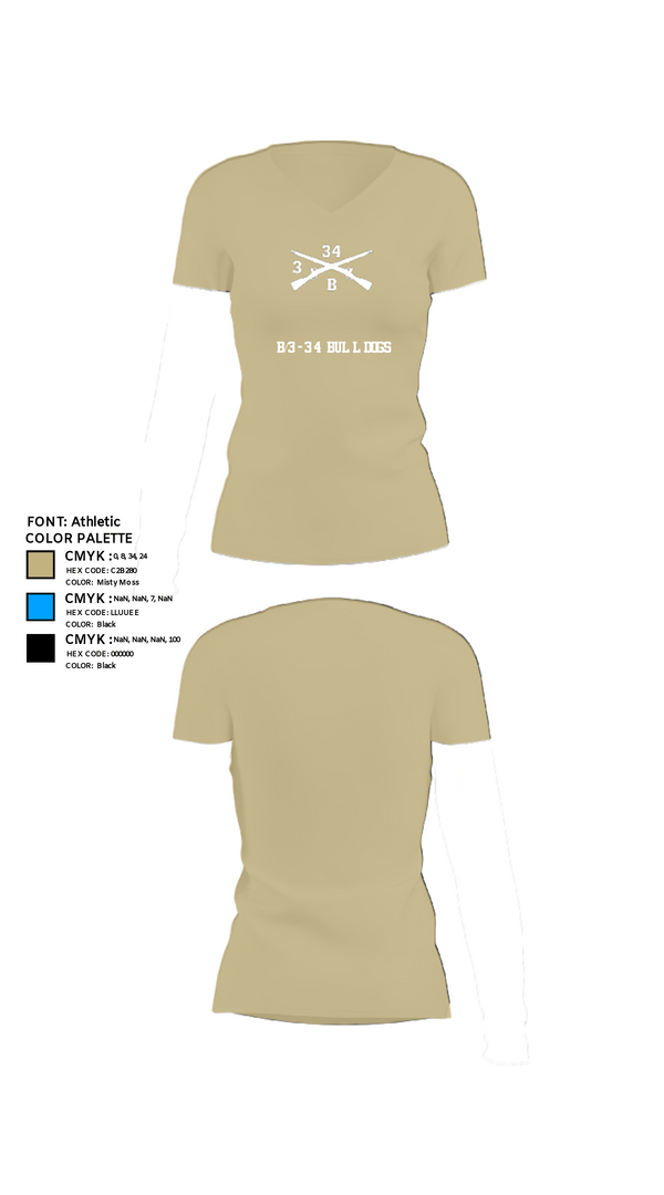 Women's Short Sleeve Vneck Shirt, B/3-34 Bulldogs, Army, Teamtime, Team time, sublimation, custom sports apparel, team uniforms, spirit wear, spiritwear, sports uniforms, custom shirts, team store, custom team store, fundraiser sports, apparel fundraiser