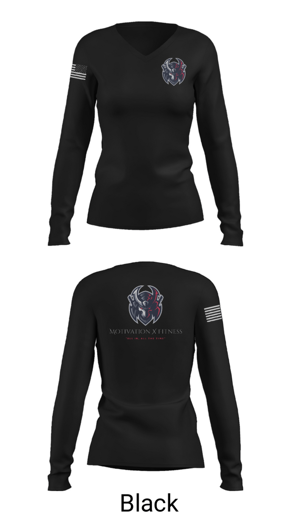 Women's Long Sleeve Vneck Shirt, Motivation X Fitness, LLC, , Teamtime, Team time, sublimation, custom sports apparel, team uniforms, spirit wear, spiritwear, sports uniforms, custom shirts, team store, custom team store, fundraiser sports, apparel fundraiser