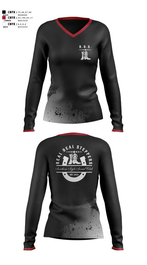 Womens Long Sleeve Vneck Shirt, Real Deal Steppers, Spirit Store, Teamtime, Team time, sublimation, custom sports apparel, team uniforms, spirit wear, spiritwear, sports uniforms, custom shirts, team store, custom team store, fundraiser sports, apparel fundraiser