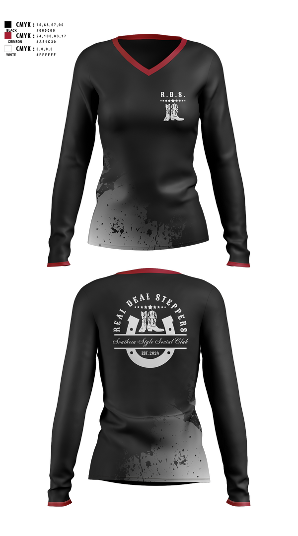 Womens Long Sleeve Vneck Shirt, Real Deal Steppers, Spirit Store, Teamtime, Team time, sublimation, custom sports apparel, team uniforms, spirit wear, spiritwear, sports uniforms, custom shirts, team store, custom team store, fundraiser sports, apparel fundraiser