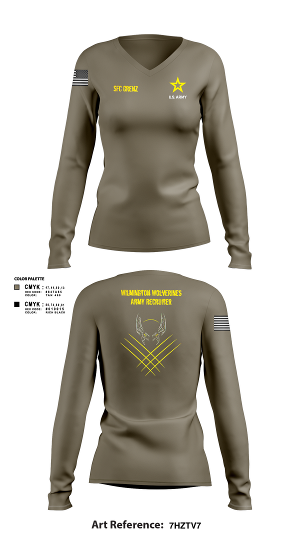 Womens Long Sleeve Vneck Shirt, Wilmington Army Recruiting Station, Army, Teamtime, Team time, sublimation, custom sports apparel, team uniforms, spirit wear, spiritwear, sports uniforms, custom shirts, team store, custom team store, fundraiser sports, apparel fundraiser
