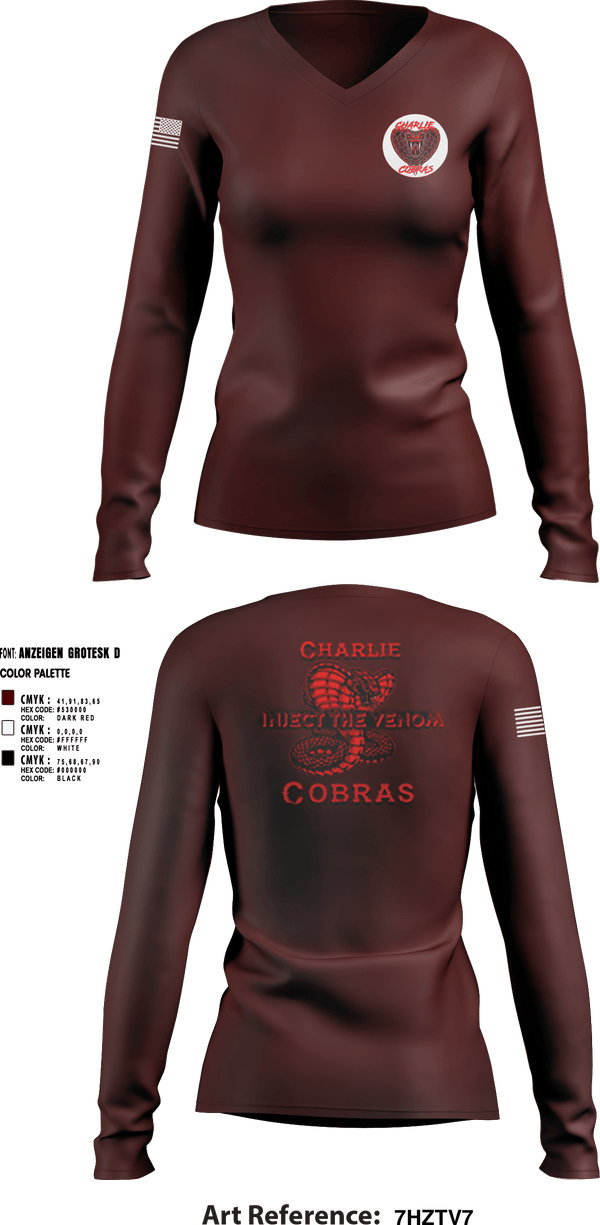Women's Long Sleeve Vneck Shirt, Charlie Company Cobras, Army, Teamtime, Team time, sublimation, custom sports apparel, team uniforms, spirit wear, spiritwear, sports uniforms, custom shirts, team store, custom team store, fundraiser sports, apparel fundraiser