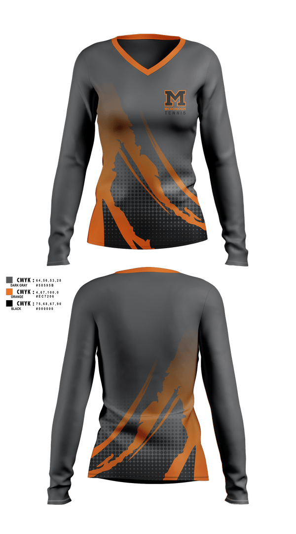 Womens Long Sleeve Vneck Shirt, Girls Tennis McDonogh School, Tennis, Teamtime, Team time, sublimation, custom sports apparel, team uniforms, spirit wear, spiritwear, sports uniforms, custom shirts, team store, custom team store, fundraiser sports, apparel fundraiser