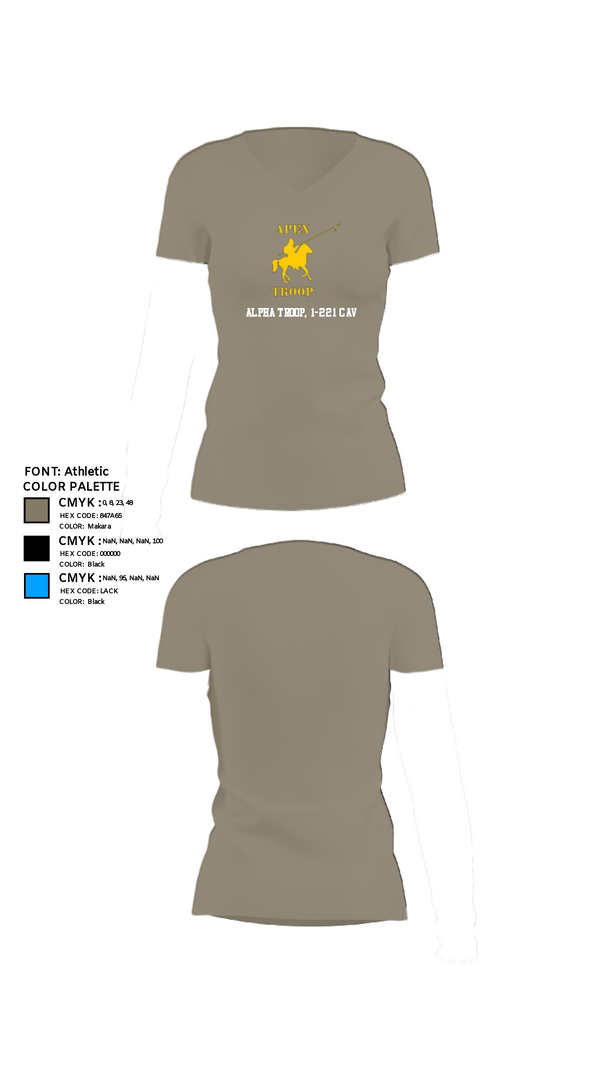 Women's Short Sleeve Vneck Shirt, Alpha Troop, 1-221 CAV, National Guard, Teamtime, Team time, sublimation, custom sports apparel, team uniforms, spirit wear, spiritwear, sports uniforms, custom shirts, team store, custom team store, fundraiser sports, apparel fundraiser
