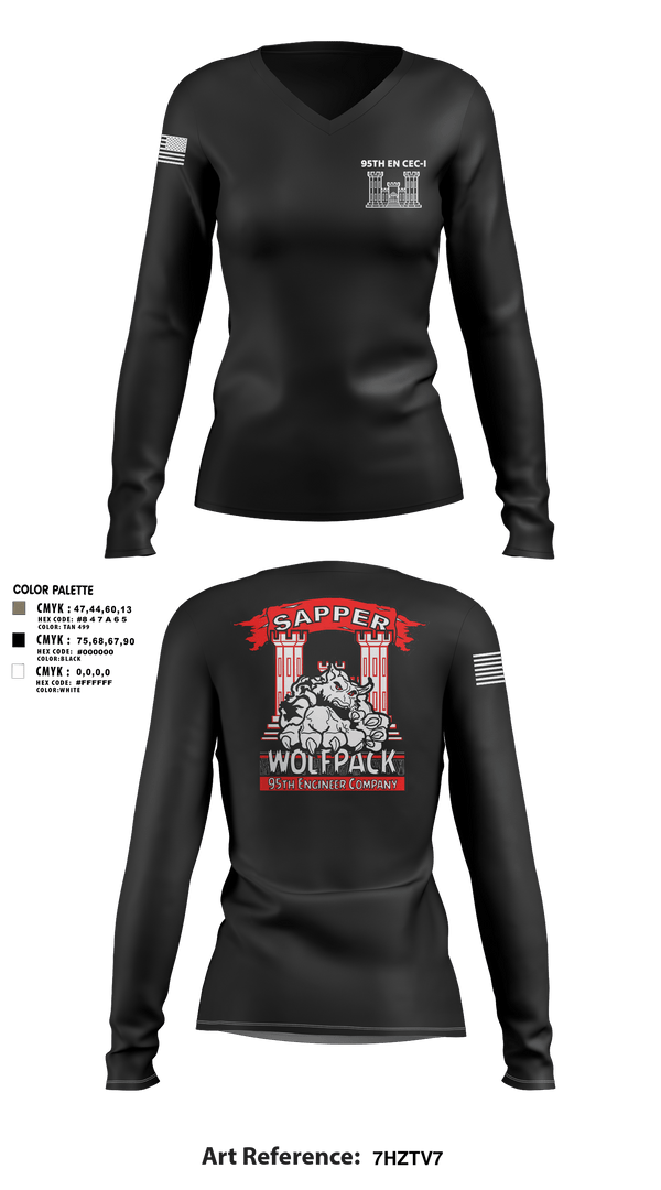 Womens Long Sleeve Vneck Shirt 1, 95TH EN, Army, Teamtime, Team time, sublimation, custom sports apparel, team uniforms, spirit wear, spiritwear, sports uniforms, custom shirts, team store, custom team store, fundraiser sports, apparel fundraiser