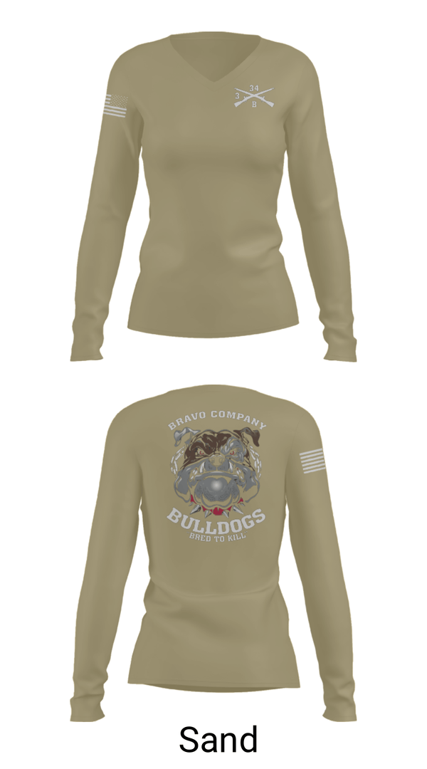 Women's Long Sleeve Vneck Shirt, B/3-34 Bulldogs, Army, Teamtime, Team time, sublimation, custom sports apparel, team uniforms, spirit wear, spiritwear, sports uniforms, custom shirts, team store, custom team store, fundraiser sports, apparel fundraiser