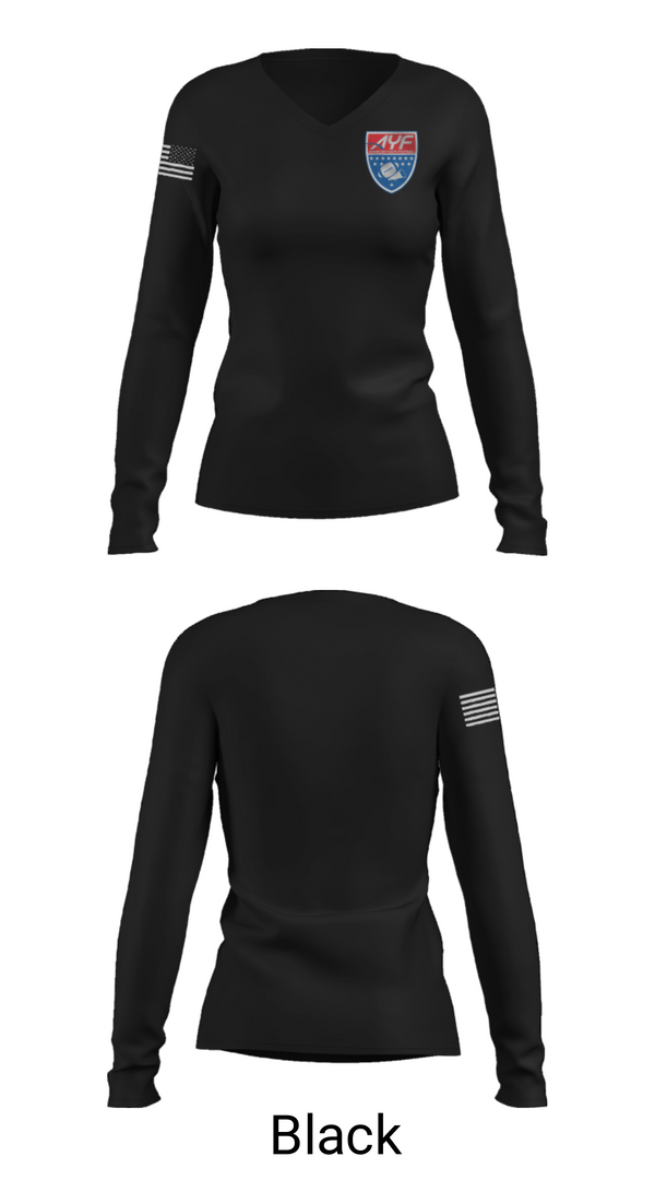 Women's Long Sleeve Vneck Shirt, American Youth Football & Cheer, Football, Teamtime, Team time, sublimation, custom sports apparel, team uniforms, spirit wear, spiritwear, sports uniforms, custom shirts, team store, custom team store, fundraiser sports, apparel fundraiser