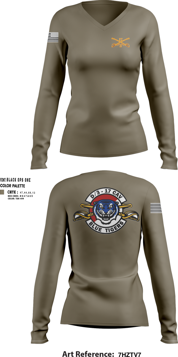 Womens Long Sleeve Vneck Shirt, Delta Troop 3-17 CAV, , Teamtime, Team time, sublimation, custom sports apparel, team uniforms, spirit wear, spiritwear, sports uniforms, custom shirts, team store, custom team store, fundraiser sports, apparel fundraiser