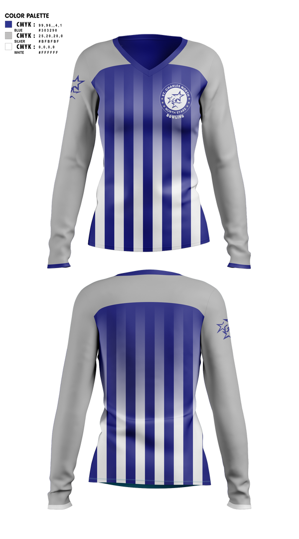 Womens Long Sleeve Vneck Shirt, St Charles North High School Bowling, Bowling, Teamtime, Team time, sublimation, custom sports apparel, team uniforms, spirit wear, spiritwear, sports uniforms, custom shirts, team store, custom team store, fundraiser sports, apparel fundraiser