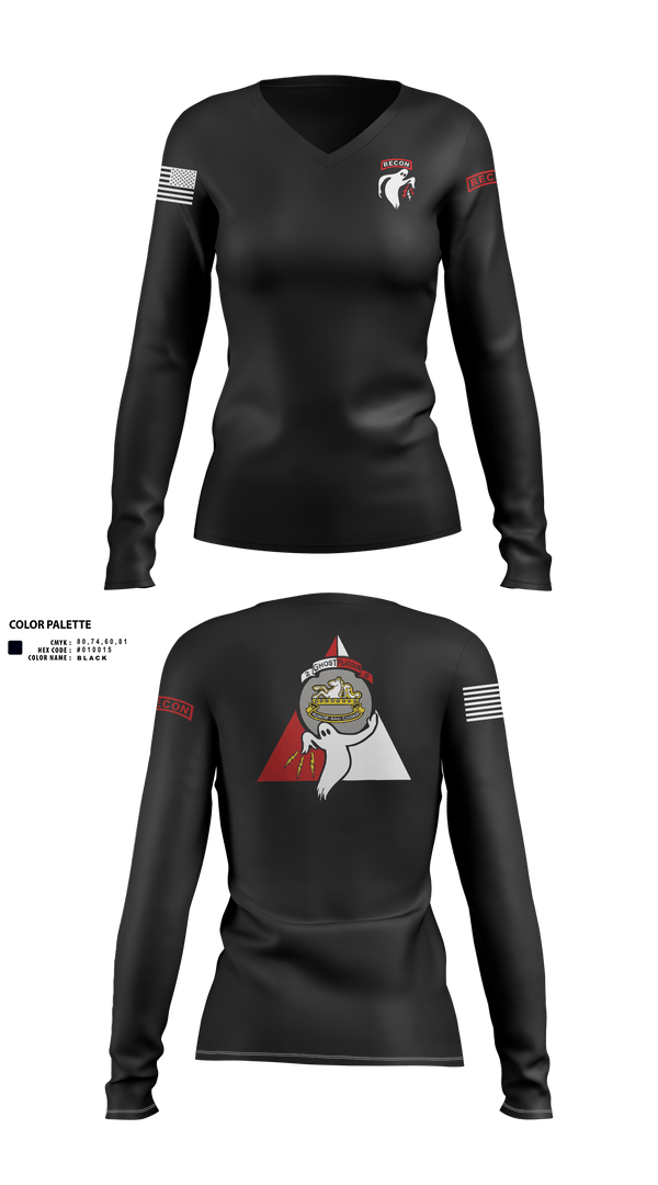Womens Long Sleeve Vneck Shirt, Ghost Platoon, HHC, 2-8 CAV, 1ABCT, 1CD, , Teamtime, Team time, sublimation, custom sports apparel, team uniforms, spirit wear, spiritwear, sports uniforms, custom shirts, team store, custom team store, fundraiser sports, apparel fundraiser