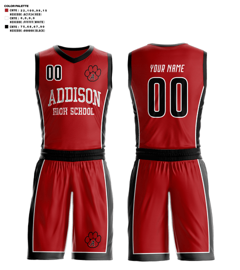 Basketball Uniform, Addison High School Basketball, Men's Basketball, Teamtime, Team time, sublimation, custom sports apparel, team uniforms, spirit wear, spiritwear, sports uniforms, custom shirts, team store, custom team store, fundraiser sports, apparel fundraiser