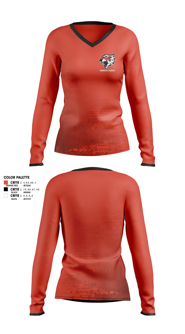 Womens Long Sleeve Vneck Shirt, Orangeville Bengals, Baseball, Teamtime, Team time, sublimation, custom sports apparel, team uniforms, spirit wear, spiritwear, sports uniforms, custom shirts, team store, custom team store, fundraiser sports, apparel fundraiser