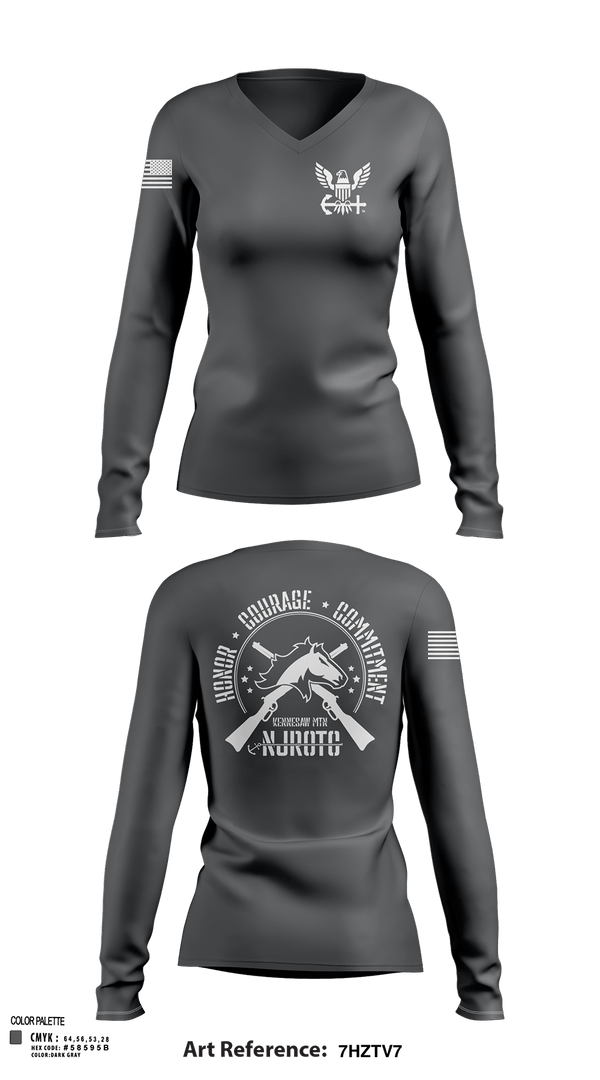 Womens Long Sleeve Vneck Shirt, Kennesaw Mountain NJROTC, Navy, Teamtime, Team time, sublimation, custom sports apparel, team uniforms, spirit wear, spiritwear, sports uniforms, custom shirts, team store, custom team store, fundraiser sports, apparel fundraiser