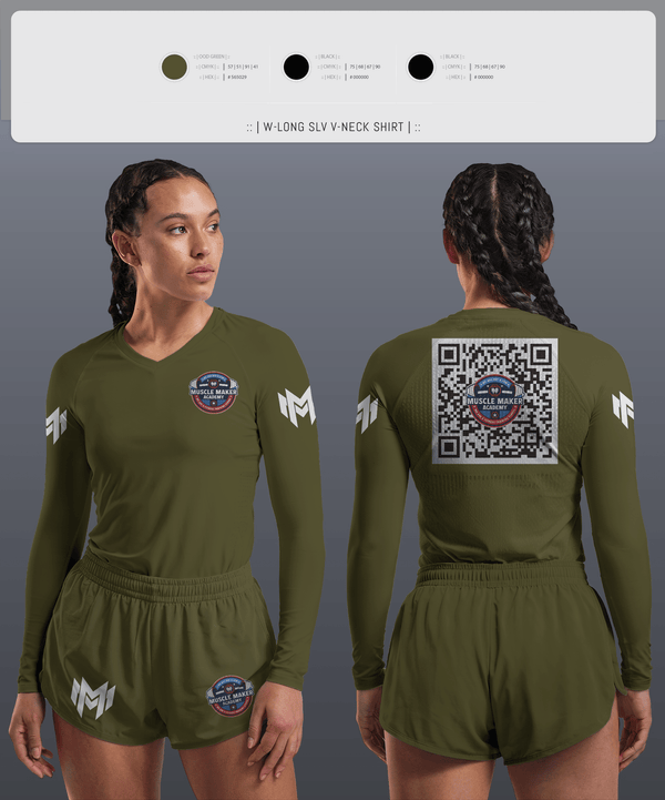 Womens Long Sleeve Vneck Shirt 1, Muscle Maker Academy, Space Force, Teamtime, Team time, sublimation, custom sports apparel, team uniforms, spirit wear, spiritwear, sports uniforms, custom shirts, team store, custom team store, fundraiser sports, apparel fundraiser