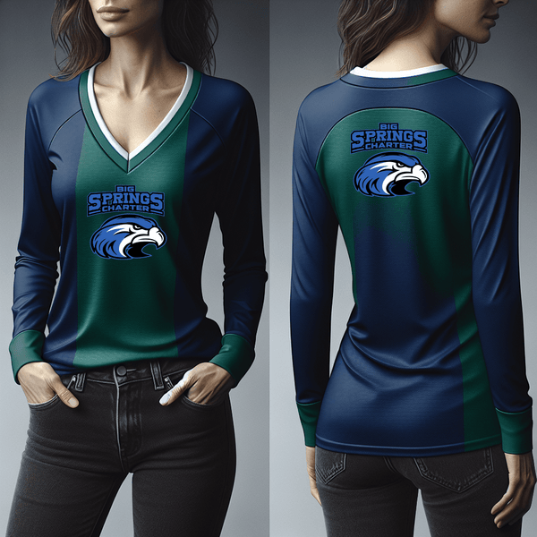 Womens Long Sleeve Vneck Shirt, Big Springs Charter School Football, Football, Teamtime, Team time, sublimation, custom sports apparel, team uniforms, spirit wear, spiritwear, sports uniforms, custom shirts, team store, custom team store, fundraiser sports, apparel fundraiser