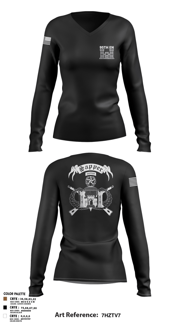 Womens Long Sleeve Vneck Shirt 1, 95TH EN, Army, Teamtime, Team time, sublimation, custom sports apparel, team uniforms, spirit wear, spiritwear, sports uniforms, custom shirts, team store, custom team store, fundraiser sports, apparel fundraiser
