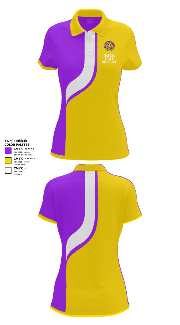 Women's Short Sleeve Performance Polo, Louisiana State University, Spirit Store, Teamtime, Team time, sublimation, custom sports apparel, team uniforms, spirit wear, spiritwear, sports uniforms, custom shirts, team store, custom team store, fundraiser sports, apparel fundraiser