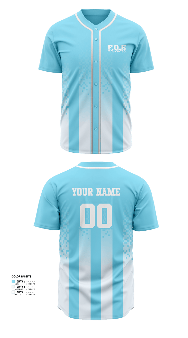 Full Button Baseball Jersey, F.O.E, Baseball, Teamtime, Team time, sublimation, custom sports apparel, team uniforms, spirit wear, spiritwear, sports uniforms, custom shirts, team store, custom team store, fundraiser sports, apparel fundraiser