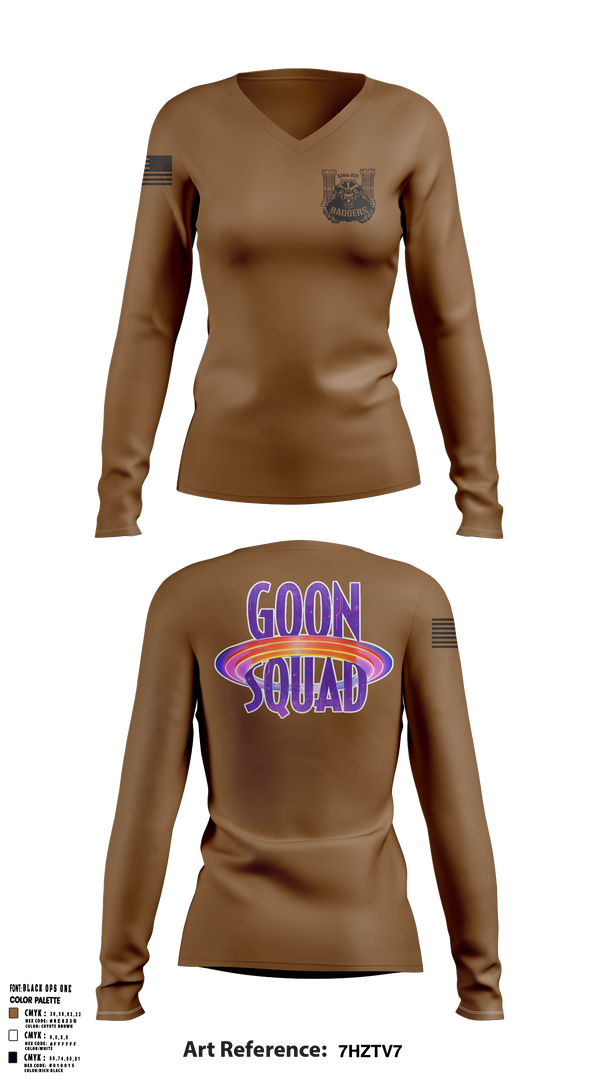 Womens Long Sleeve Vneck Shirt, GOON SQUAD, Army, Teamtime, Team time, sublimation, custom sports apparel, team uniforms, spirit wear, spiritwear, sports uniforms, custom shirts, team store, custom team store, fundraiser sports, apparel fundraiser