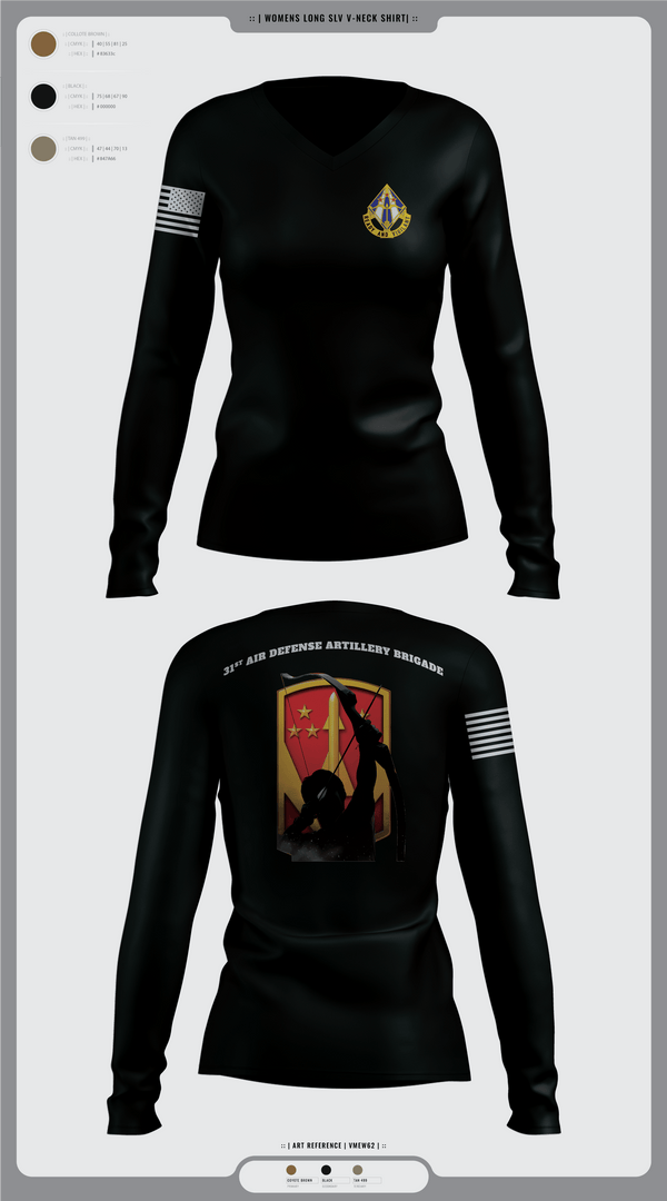 Womens Long Sleeve Vneck Shirt, 31st Air Defense Artillery Brigade, Army, Teamtime, Team time, sublimation, custom sports apparel, team uniforms, spirit wear, spiritwear, sports uniforms, custom shirts, team store, custom team store, fundraiser sports, apparel fundraiser