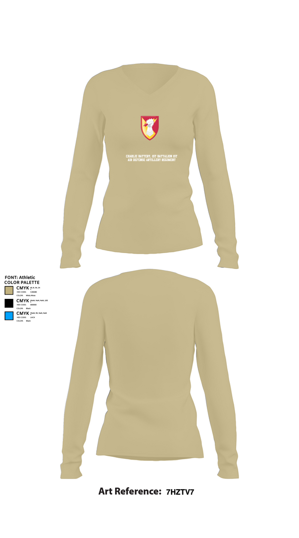 Womens Long Sleeve Vneck Shirt, Charlie Battery, 1st Battalion 1st Air Defense Artillery Regiment, , Teamtime, Team time, sublimation, custom sports apparel, team uniforms, spirit wear, spiritwear, sports uniforms, custom shirts, team store, custom team store, fundraiser sports, apparel fundraiser